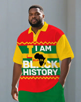 Big Men's Stripe Splicing Style BLACK HISTORY Juneteenth Theme Short Sleeve Polo Shirt Shorts Suit